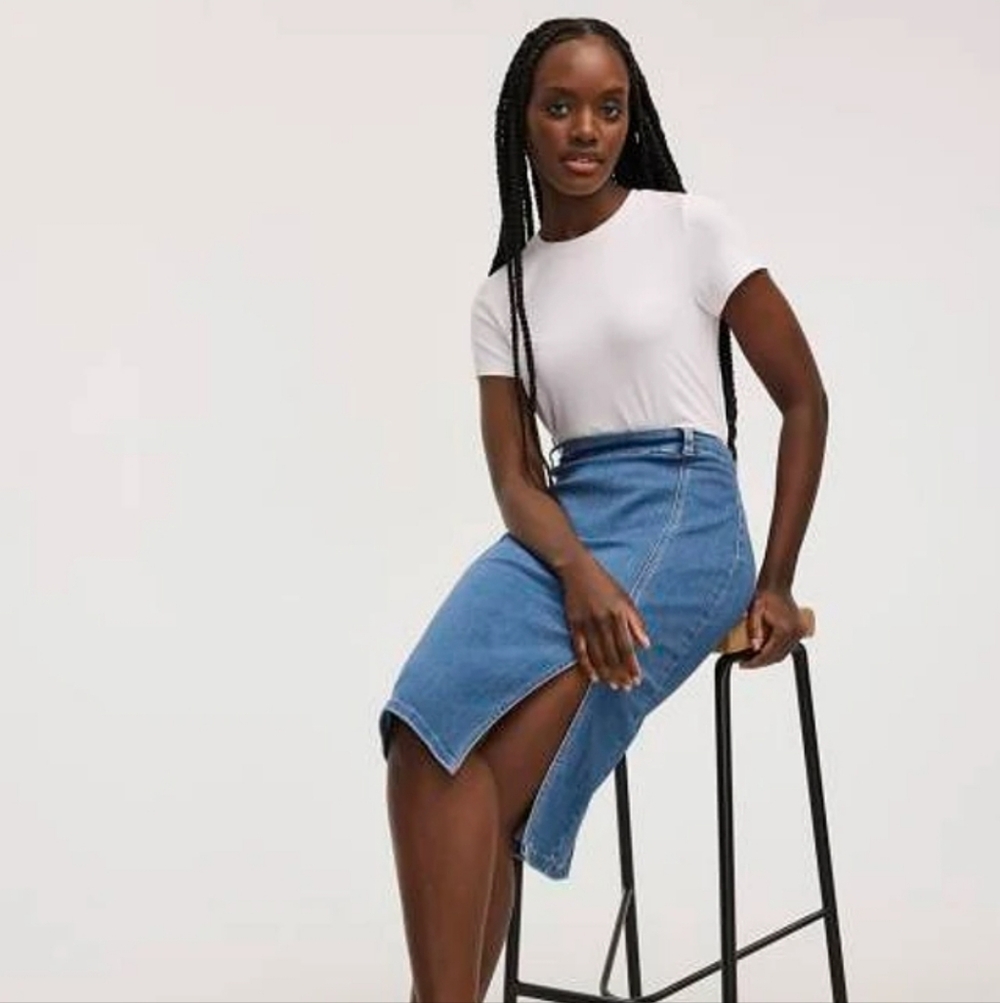 Pull-on Stretch Denim Midi Skirt - Picture 3 of 6
